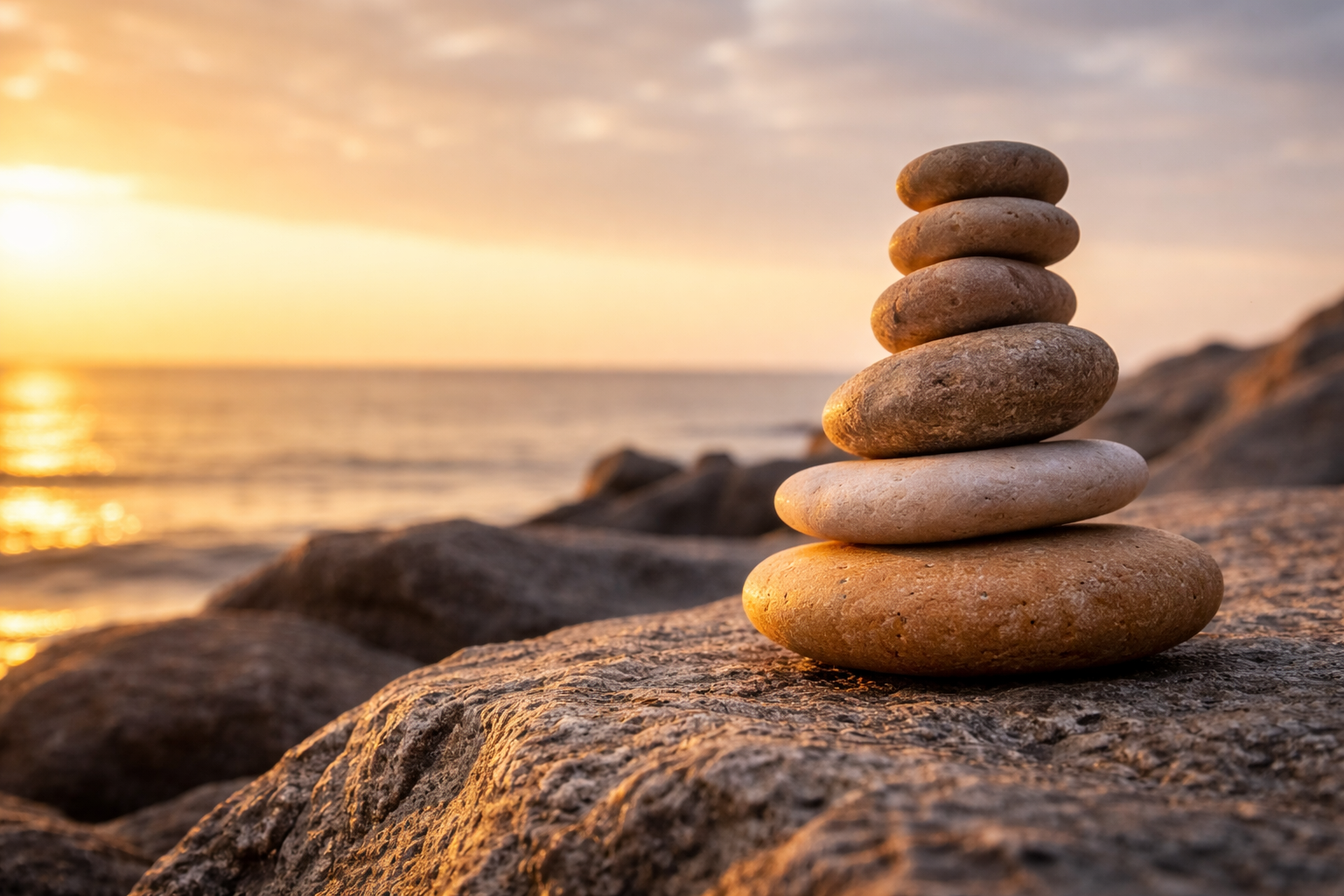 Balanced zen stones at sunset