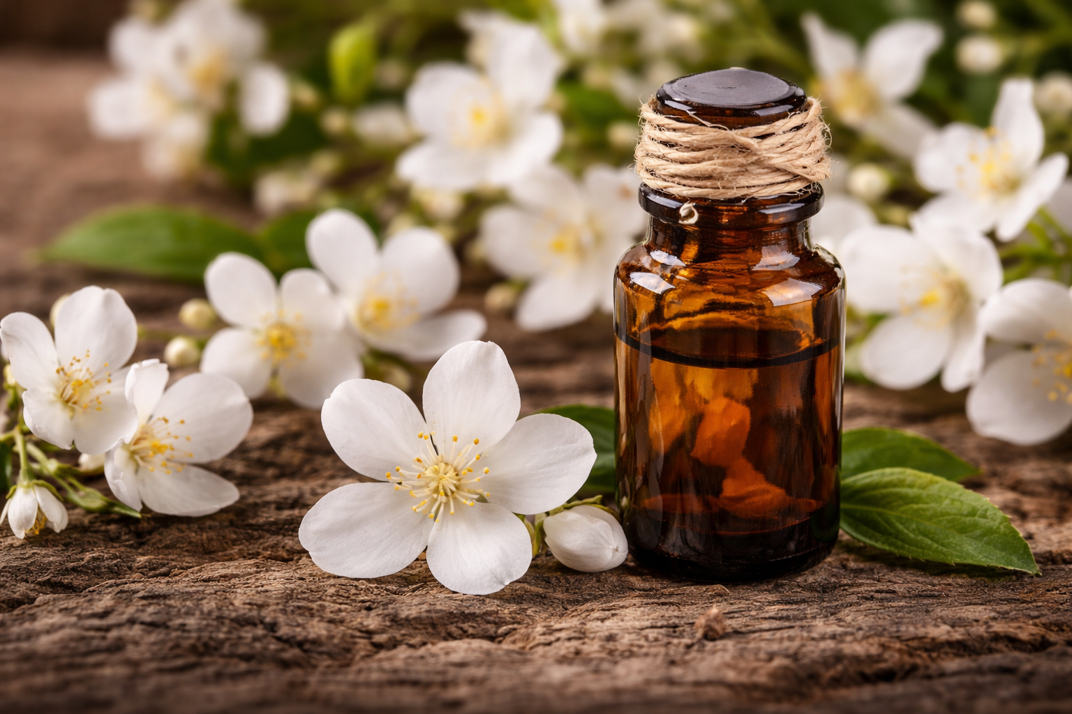 Essential oil bottle with jasmine flowers