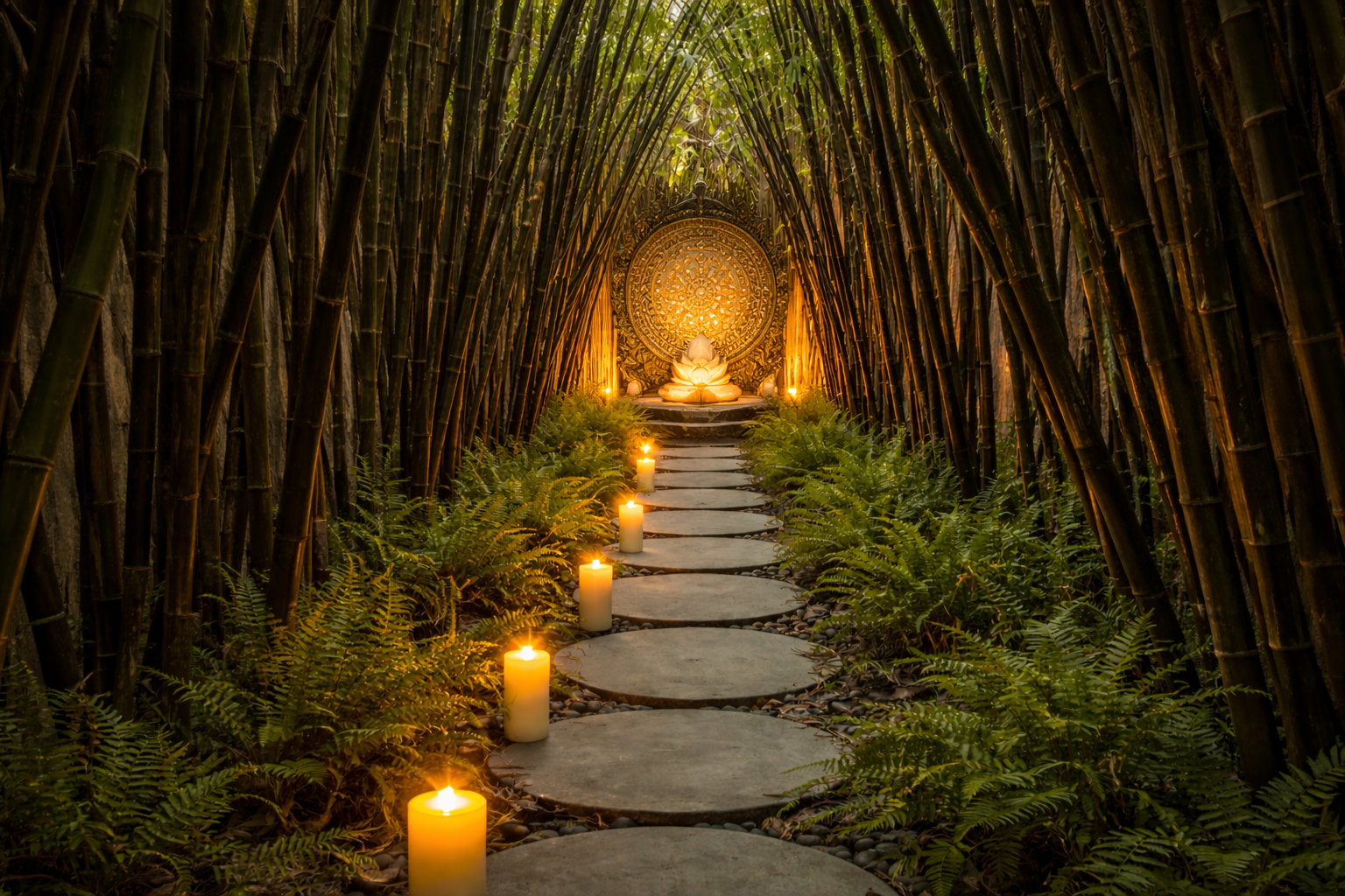 Candlelit path through bamboo garden with lotus shrine