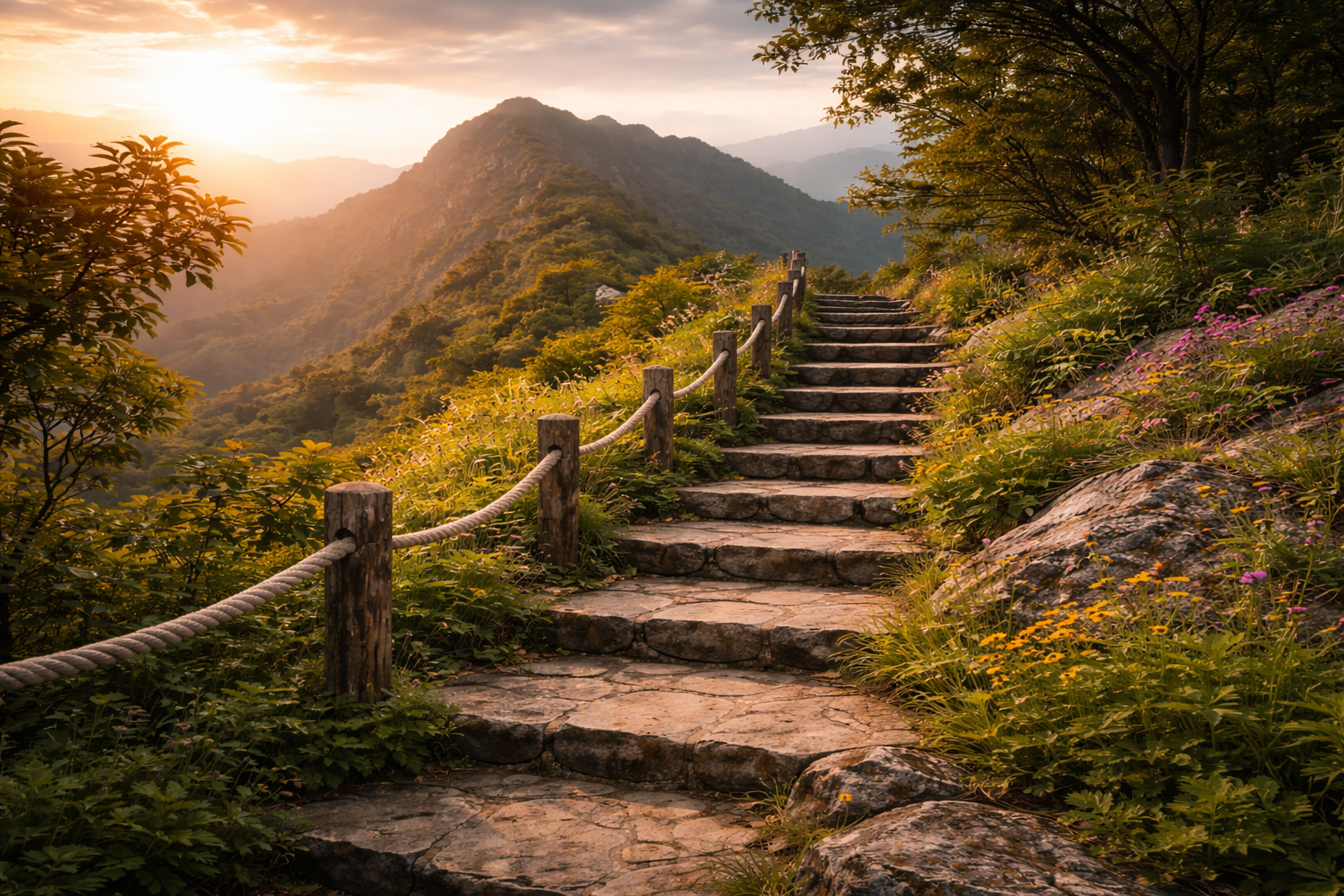Stone stairway climbing mountain at sunset